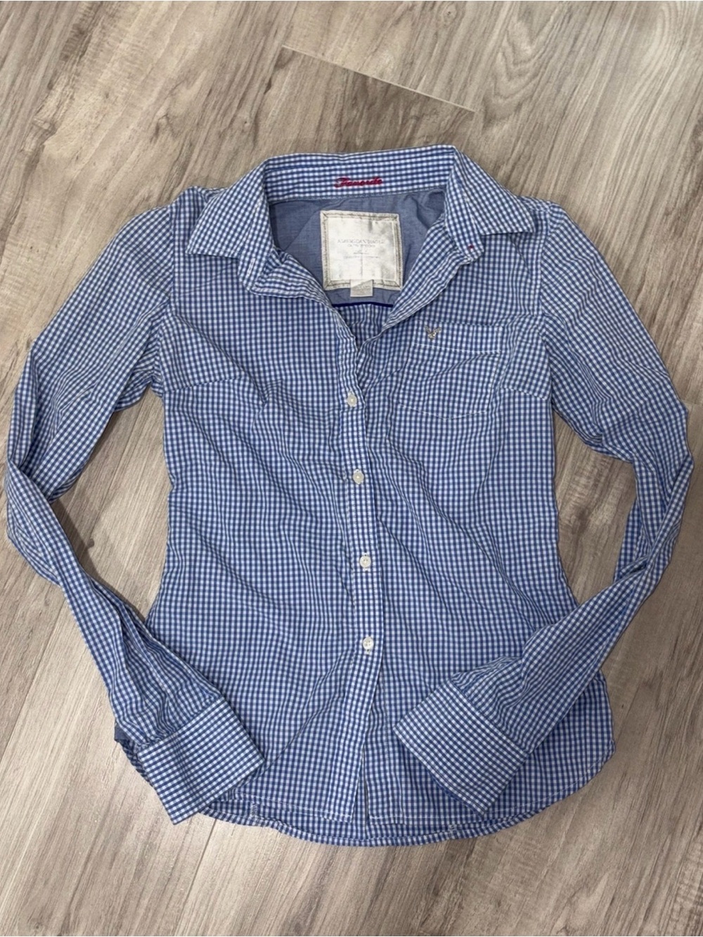 Woman’s Rare Vintage Y2K American Eagle Blue Gingham Button-Down Shirt Size S Co